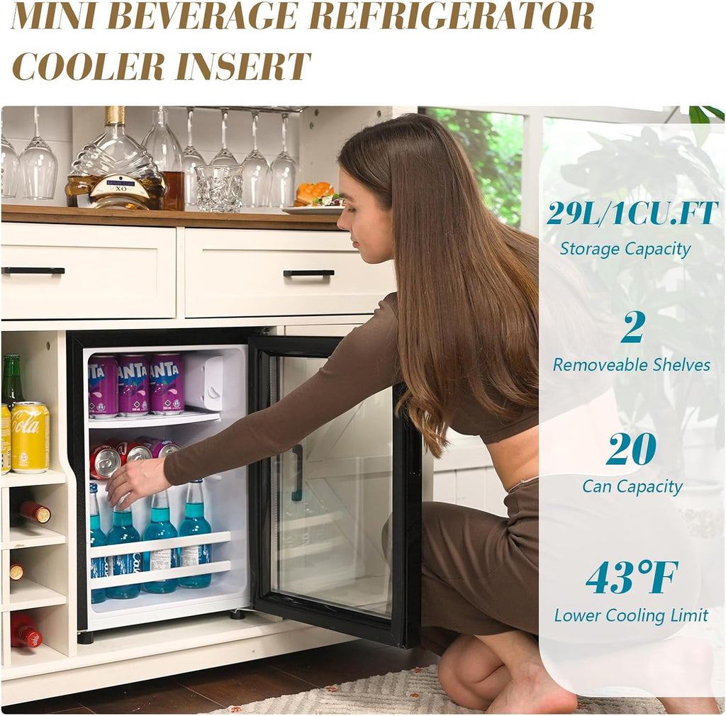 LUXOAK Farmhouse Coffee Bar Cabinet with Beverage Refrigerator Cooler, 47' Rustic Wine Bar Cabinet w/15 Mini Fridge, Barn Door & Glass Racks, Kitchen Hutch Buffet Table w/Drawer, Dining Room, White