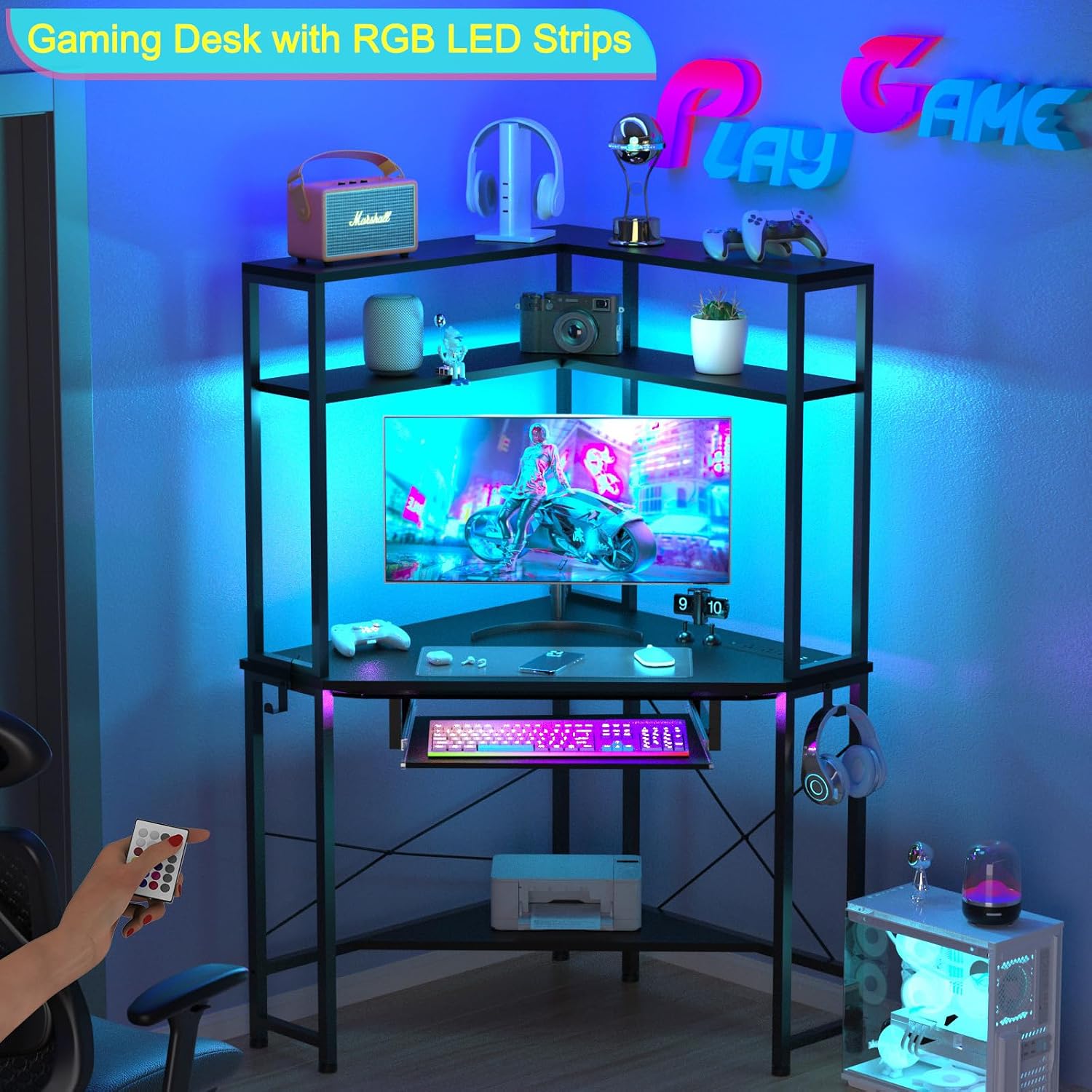Corner Desk with Hutch and LED Lights, Corner Computer Desk with Keyboard Tray and Monitor Stand, Small Computer Desk for Small Spaces, Home Office