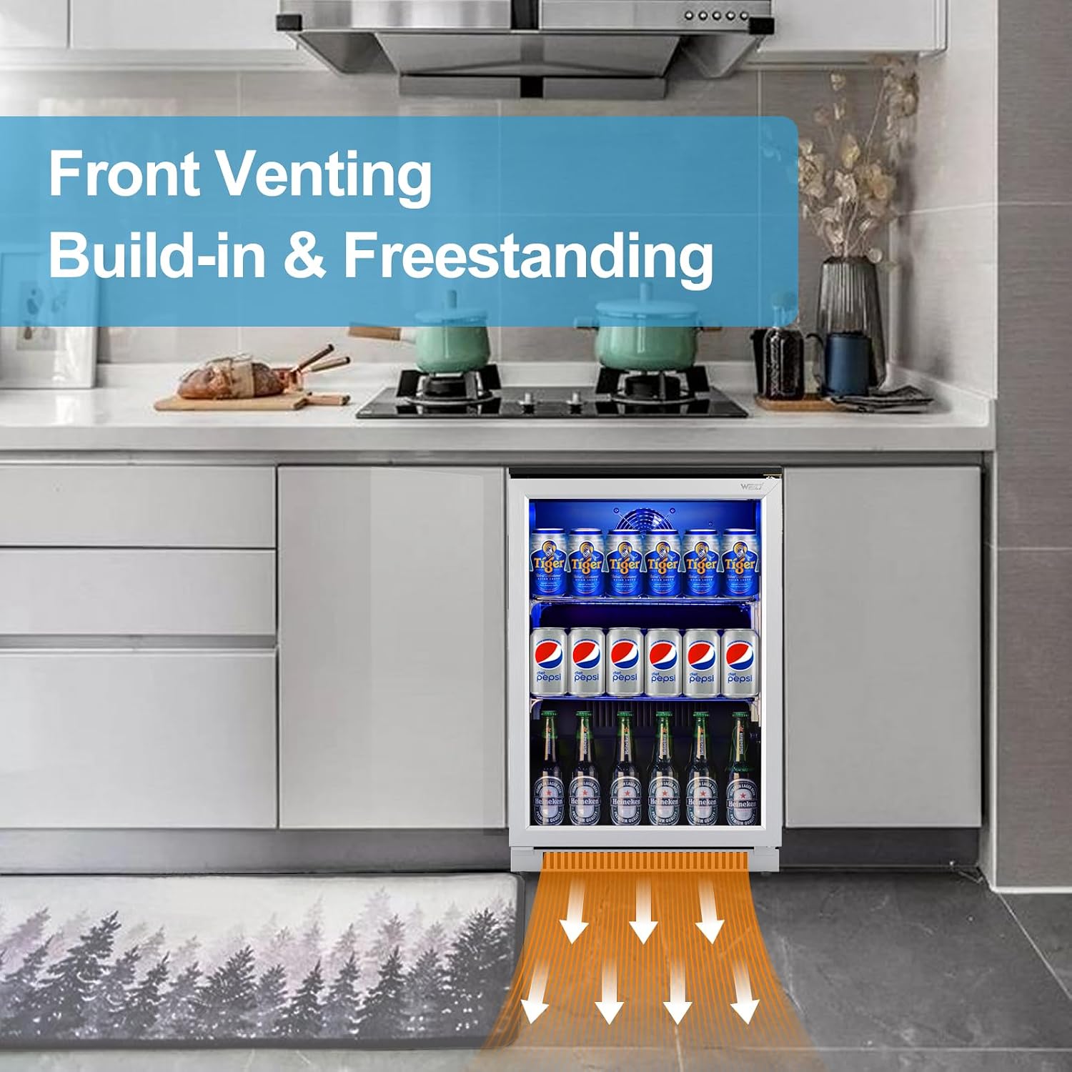 Weili 20 Inch Built in Beverage Fridge with Glass Door, 120 Can Under Counter Soda Beer Drink Refrigerator with Blue LED Light for Home Office or Bar, 36-50°F Auto Defrost