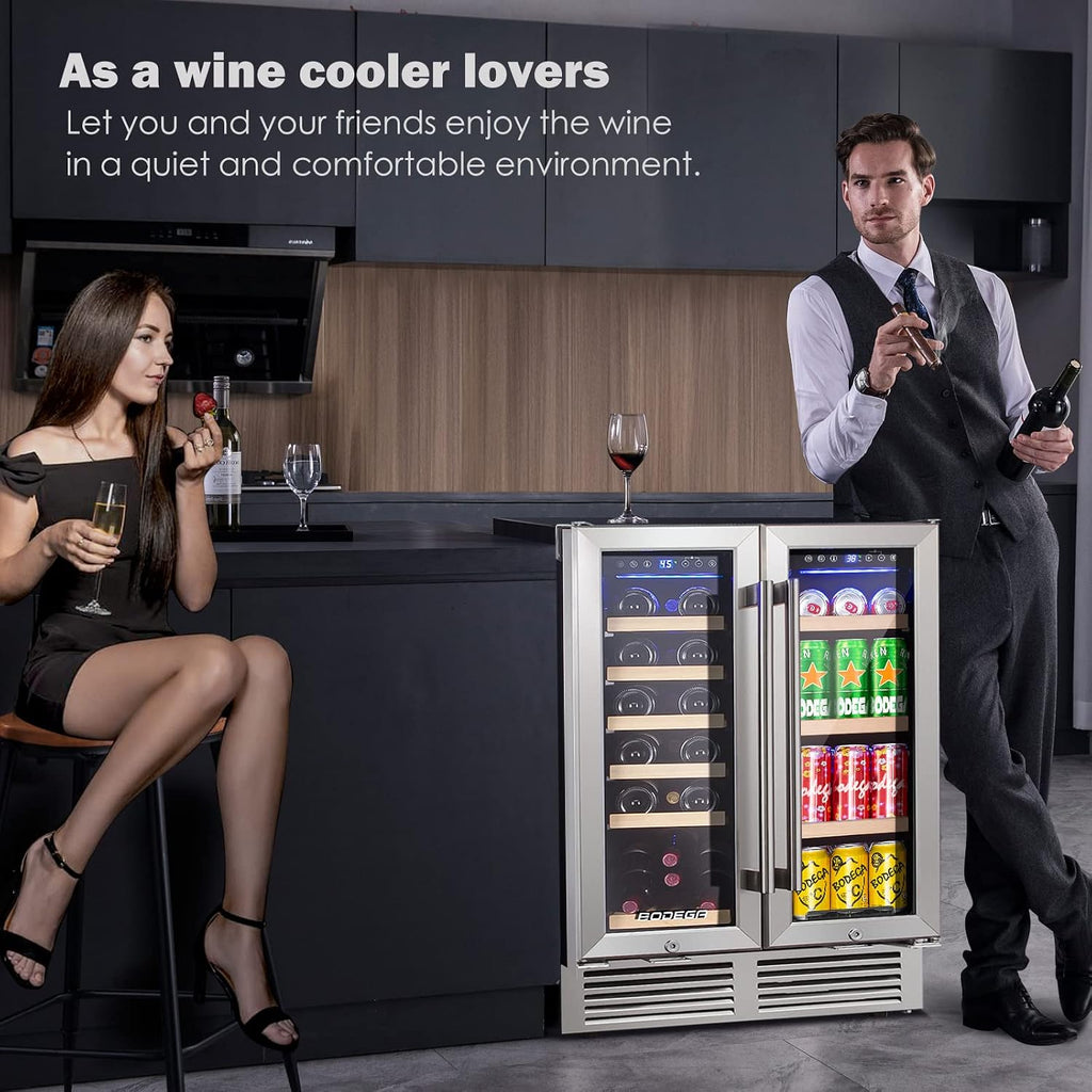 BODEGA 24 Inch Wine and Beverage Refrigerator, 2 Door Commercial Back Bar Cooler, Dual Zone Wine Cooler with Smart APP Control, Black Bar Fridge Hold 19 Bottles and 57 Cans, Built-In or Freestanding.