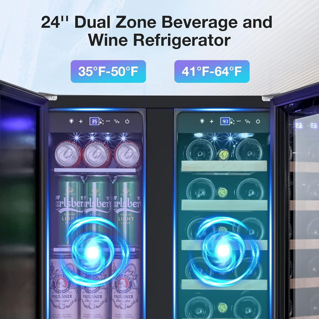 Tylza Wine and Beverage Refrigerator, 24 Inch Dual Zone Wine Beverage Cooler, Holds 20 Bottles and 88 Cans, Built-In and Freestanding, Seamless Glass Door, Under Counter Beer Wine Refrigerator