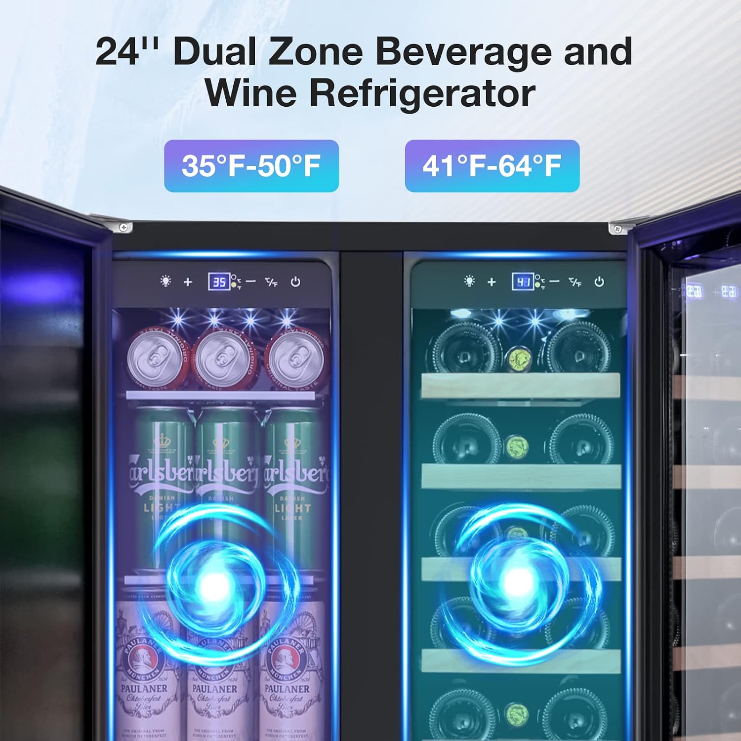 Tylza Wine and Beverage Refrigerator, 24 Inch Dual Zone Wine Beverage Cooler, Holds 20 Bottles and 88 Cans, Built-In and Freestanding, Seamless Glass Door, Under Counter Beer Wine Refrigerator