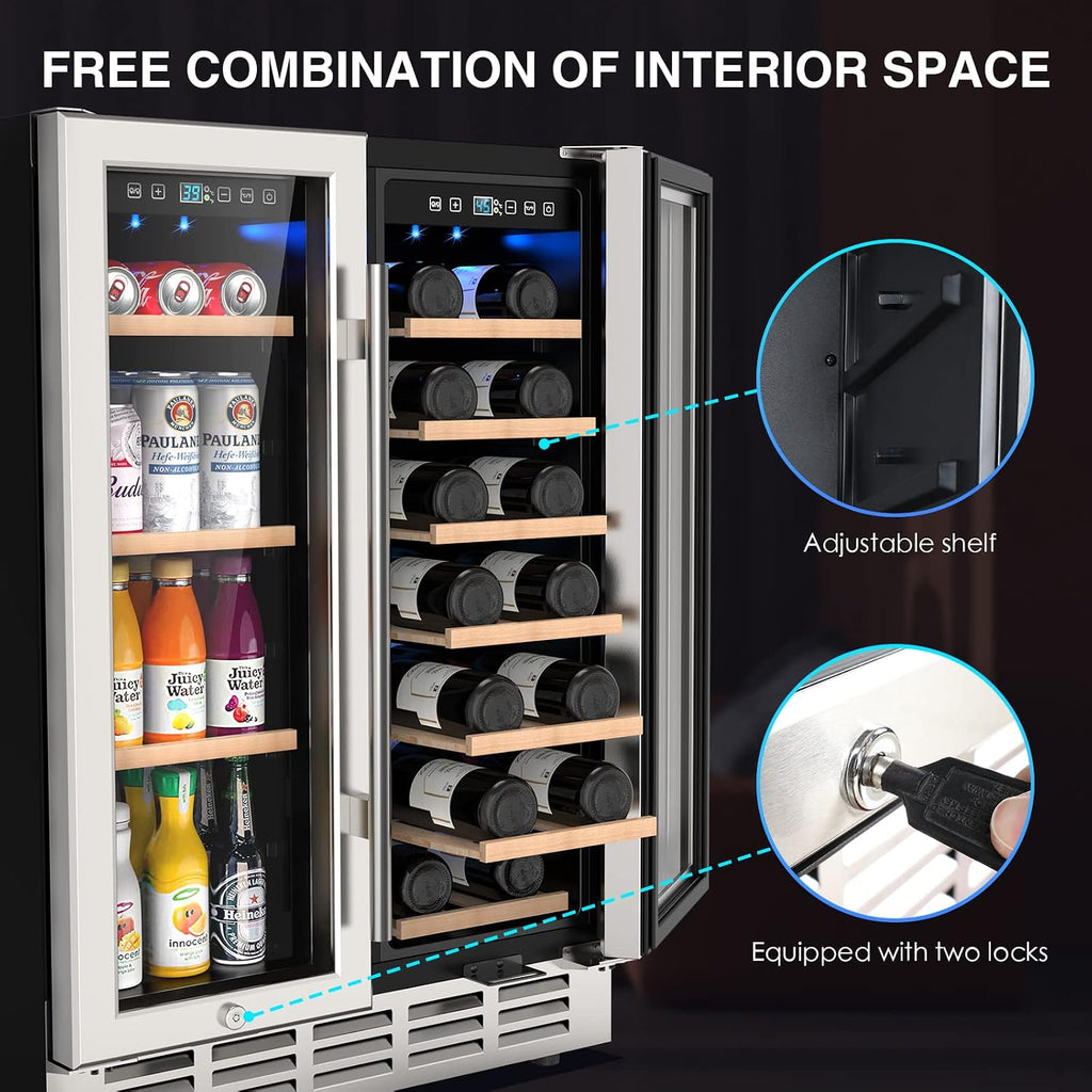 Mojgar Wine and Beverage Refrigerator, 24 Inch Dual Zone Wine Fridge with Two Safety Locks, Under Counter Wine Cooler Fridge Built-In or Freestanding, Holds 20 Bottles and 57 Cans (Double Glass Door)
