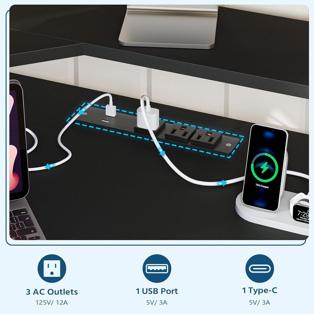YOMILUVE Small Corner Desk with Drawers, Corner Gaming Desk with Power Outlets & Printer Shelf for Small Space, Triangle Computer Desk with LED Lights, Keyboard Tray and Monitor Stand, Black