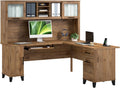 Bush Furniture Somerset L Shaped Desk with Hutch in Fresh Walnut | Corner Computer Table with Drawers, Cabinets and Pullout Keyboard/Laptop Tray for Home Office