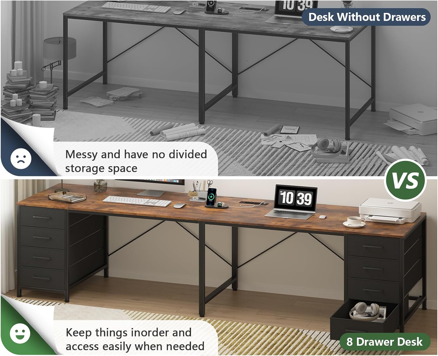 TVU 95' 2 Person Desk with 8 Drawers, Large Writing Home Office Desks with Outlets, I Shaped Workstation Double Desk Drawer Organizers (Rustic)