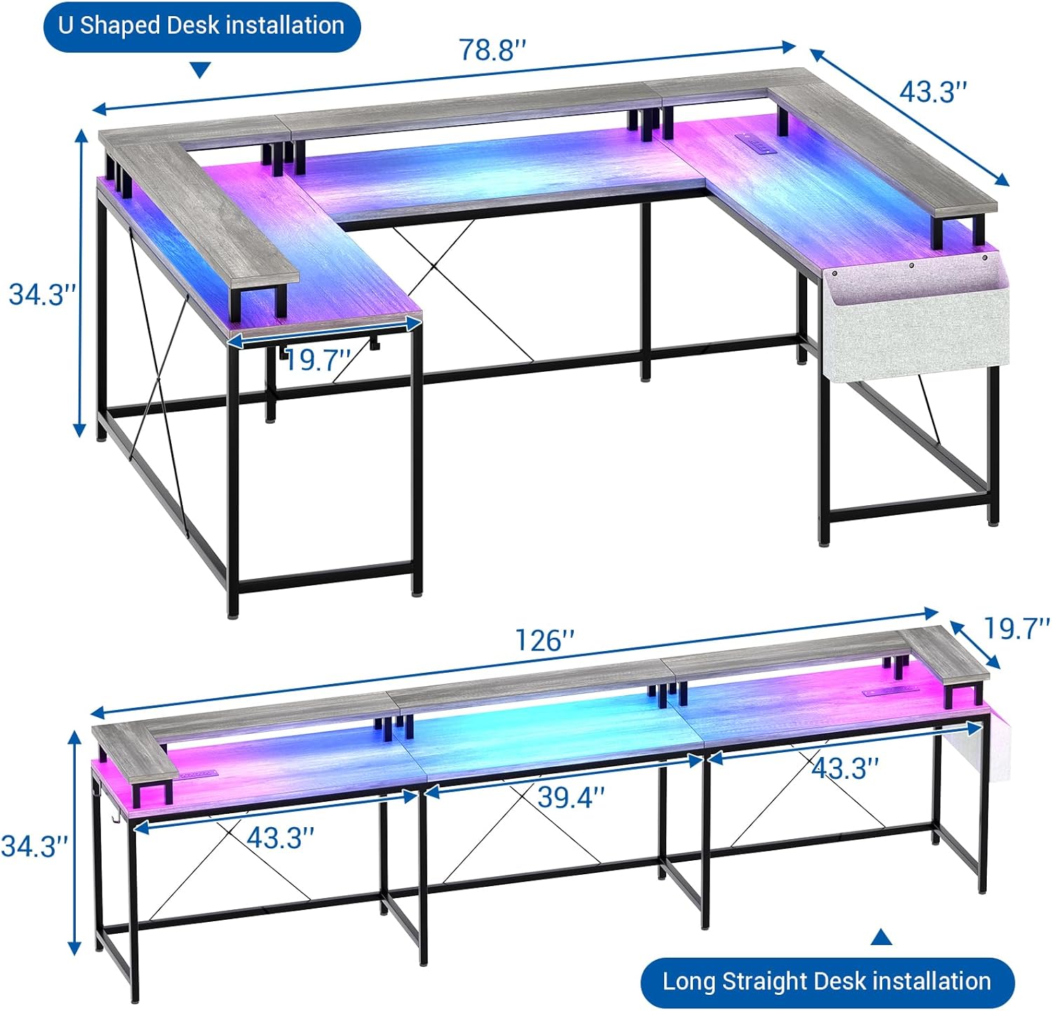 Patikuin U Shaped Desk with Power Outlets, USB Ports & RGB LED Lights, 79 Inch Large Corner Computer Desk with Monitor Stand, Reversible Gaming Desk for Home Office, Ergonomic Workstation (Oak)
