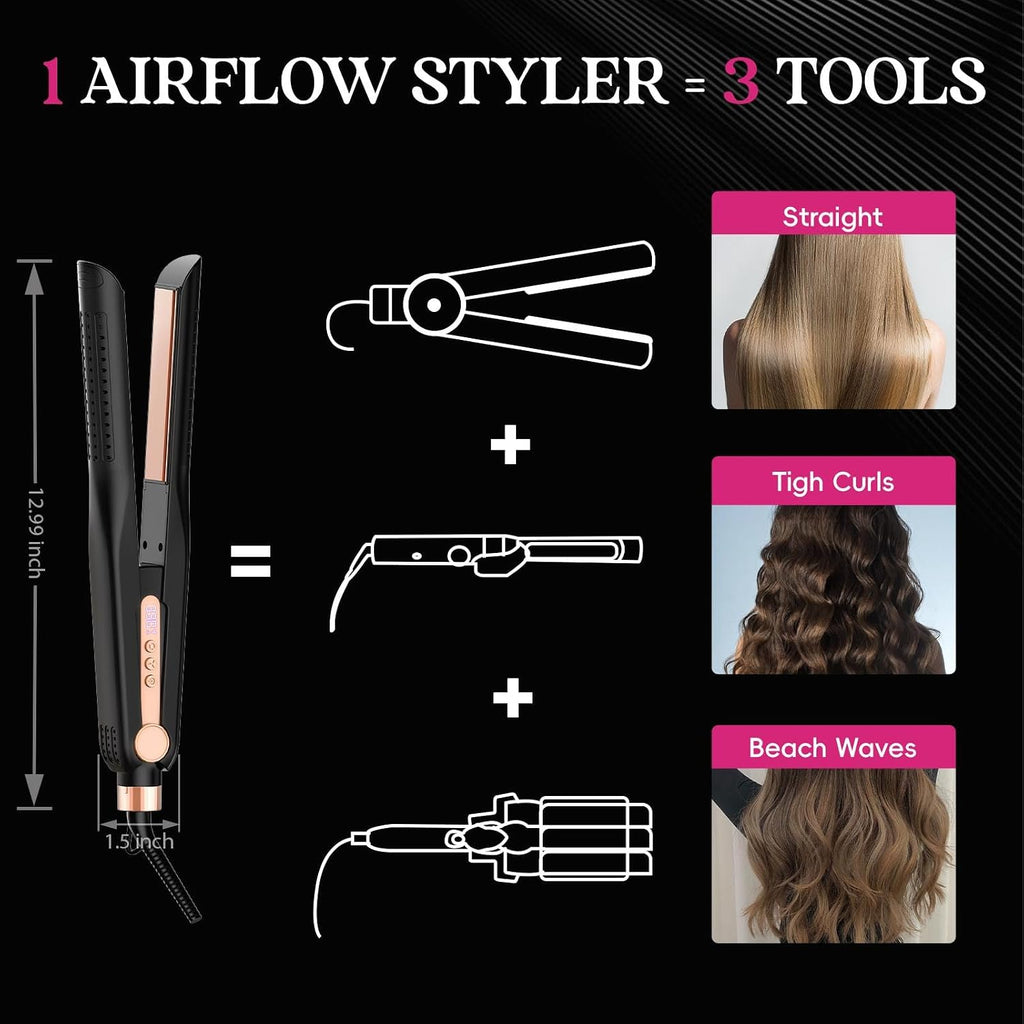 SKIMI Airflow Styler, Titanium Flat Iron Hair Straightener and Curling Iron with Cooling Air Vents to Lock in Style, 5 Temps, Dual Voltage, Auto Off