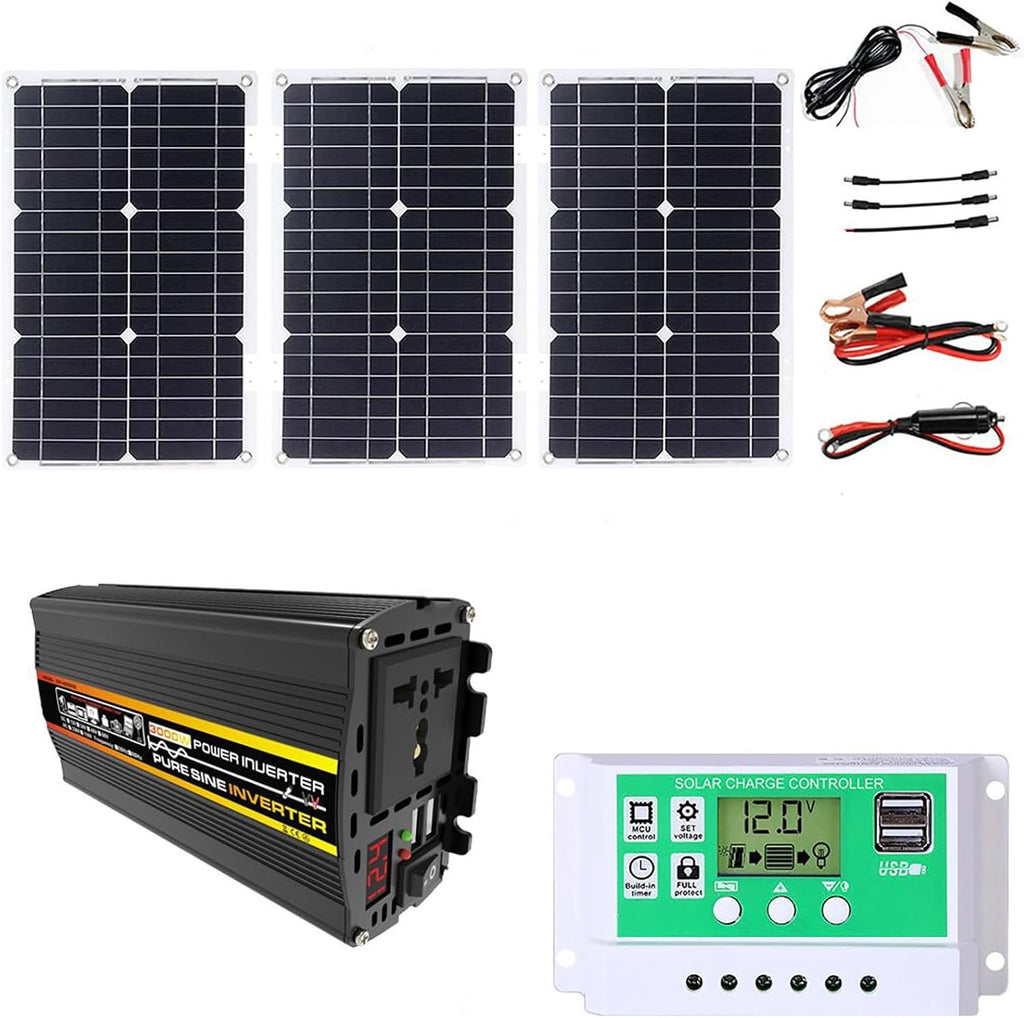 75W Solar Panel with USB Charging Port, 3000W Pure sine Inverter, Fast Charging, Waterproof Solar Inverter Combination kit, Suitable for RV and Party use(12V-220V)