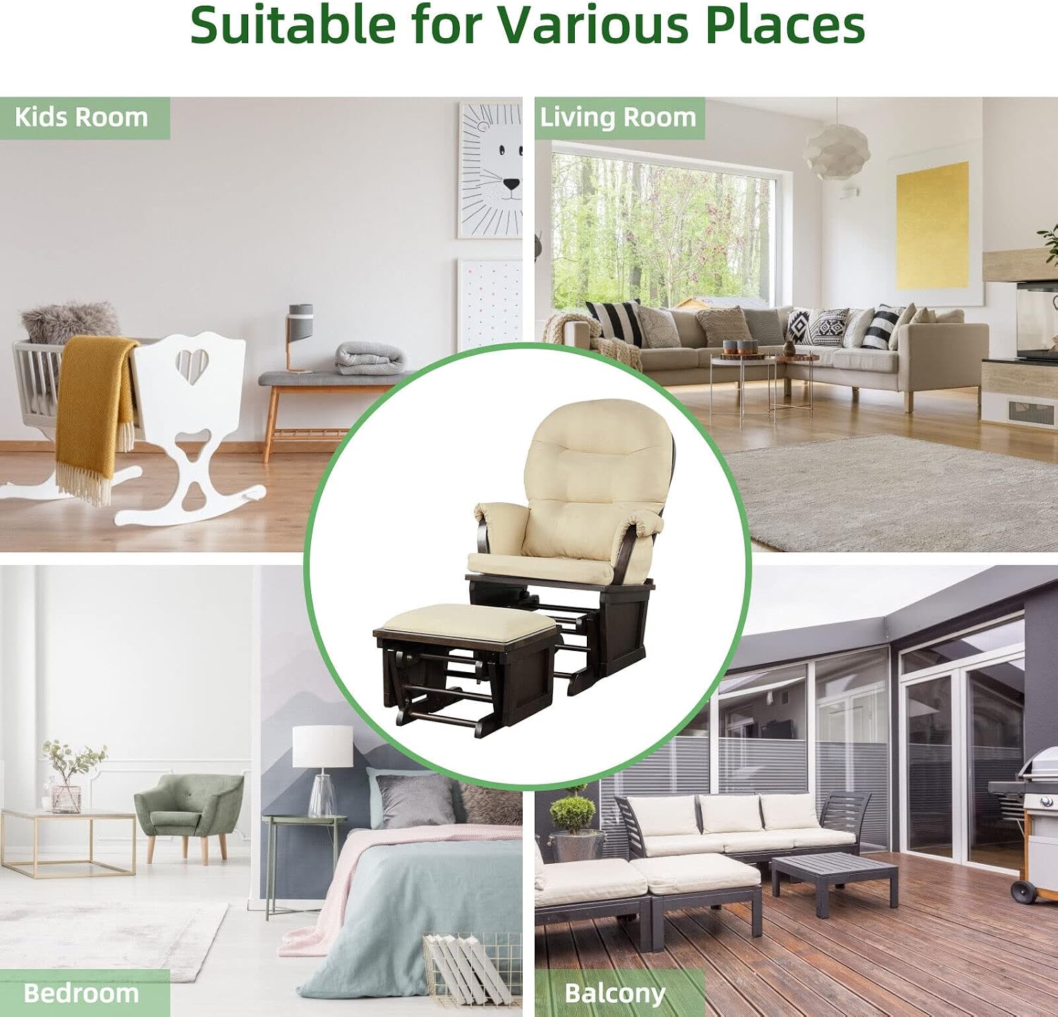 Comfortably Enjoy Rocking Chair Solid Practical Wood Construction, Incredibly Smooth Quiet Gliding Baby Nursery Relax Chair Glider Ottoman Set with Cushion