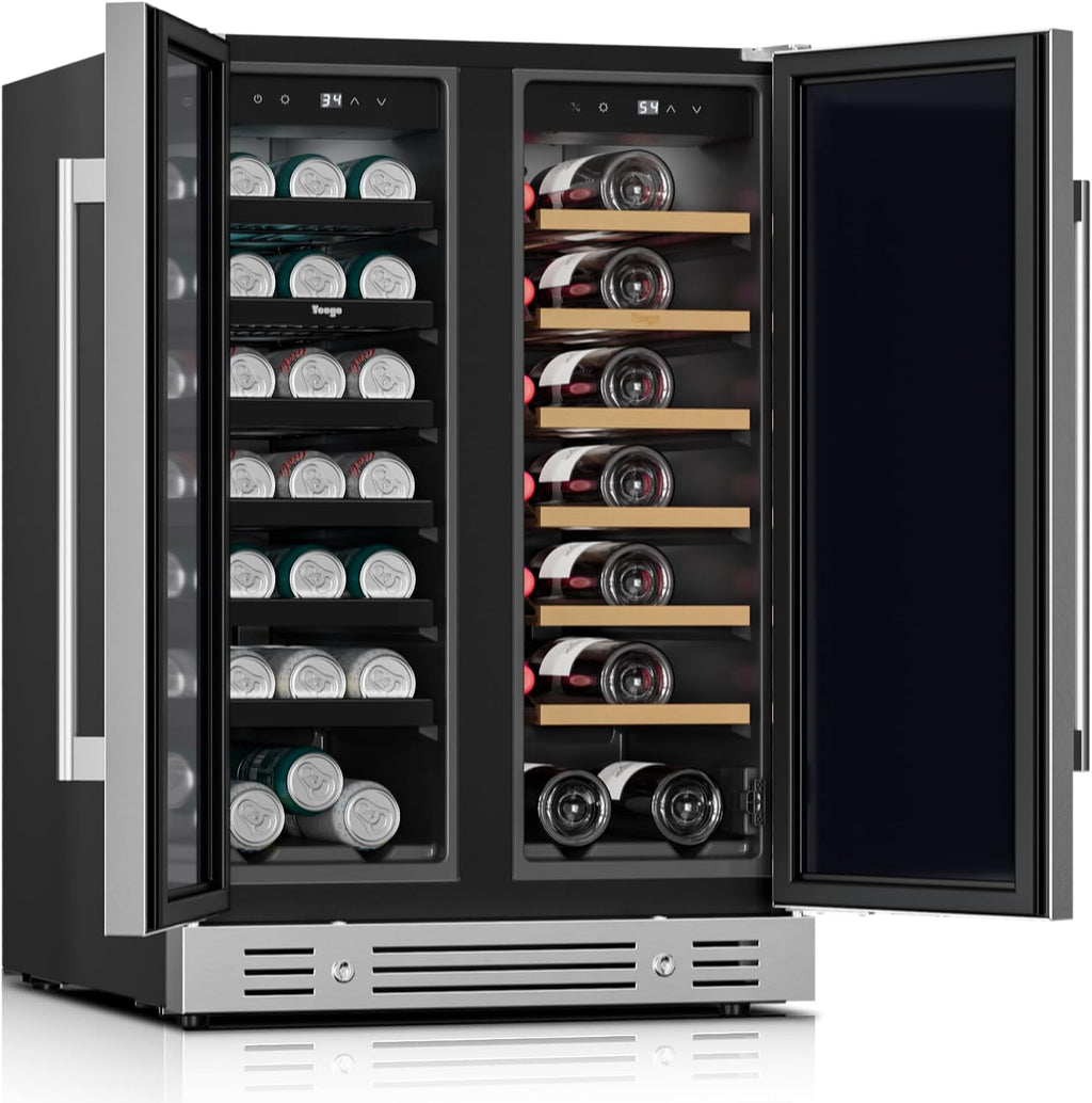 Yeego 24 Inch Wine & Beverage Cooler, Dual Zone 34–65°F, Holds 20 Wine Bottles & 60 Cans, Stainless Steel Door with Lock, Built-In or Under Counter Refrigerator for Indoor & Covered Outdoor Use