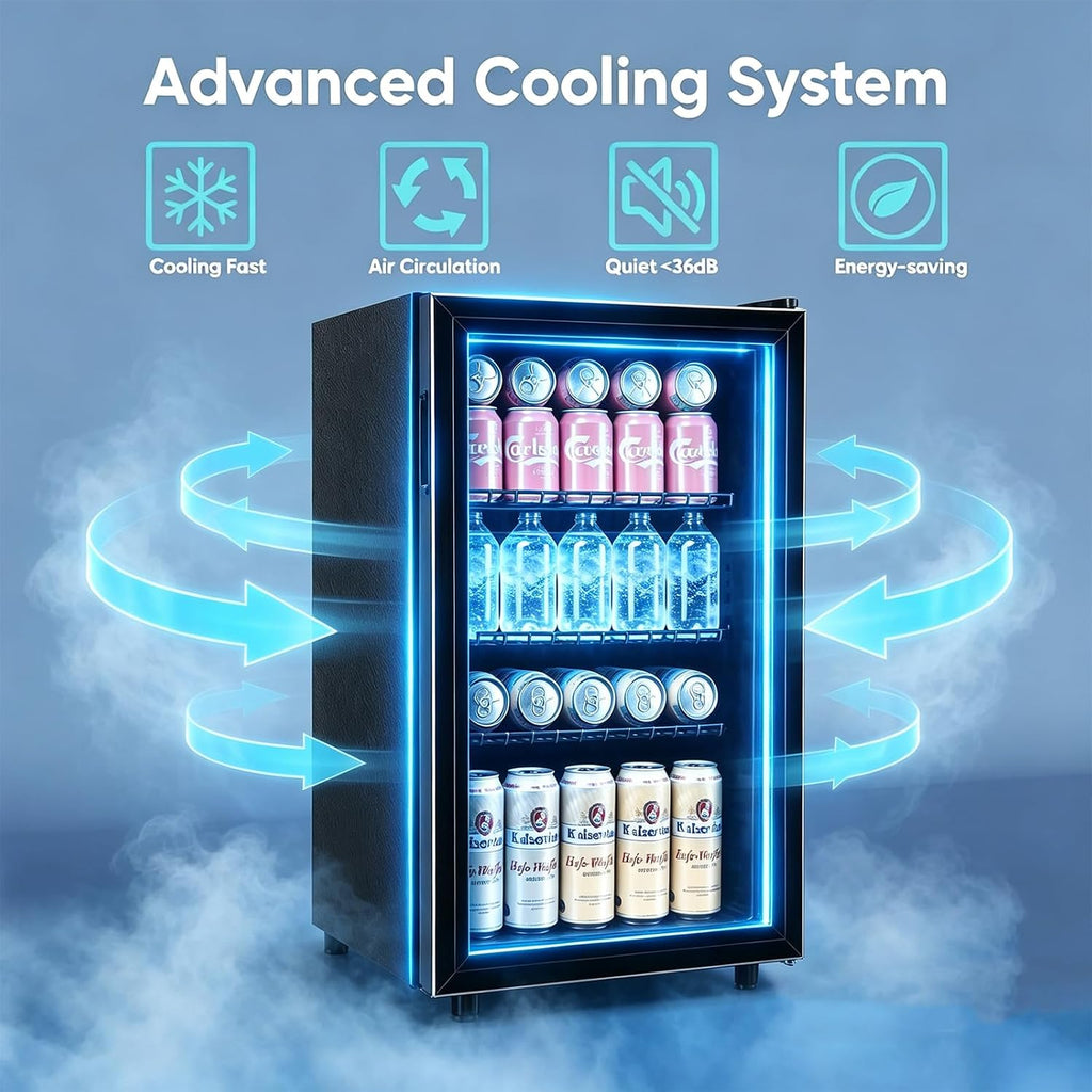 WANAI Beverage Refrigerator and Cooler with Glass Door - 120 Cans Capacity, 3.5 Cu.ft Small Beer Fridge for Drinks, Soda, Wine - Mini Cooler with 7 Adjustable Temperature Control