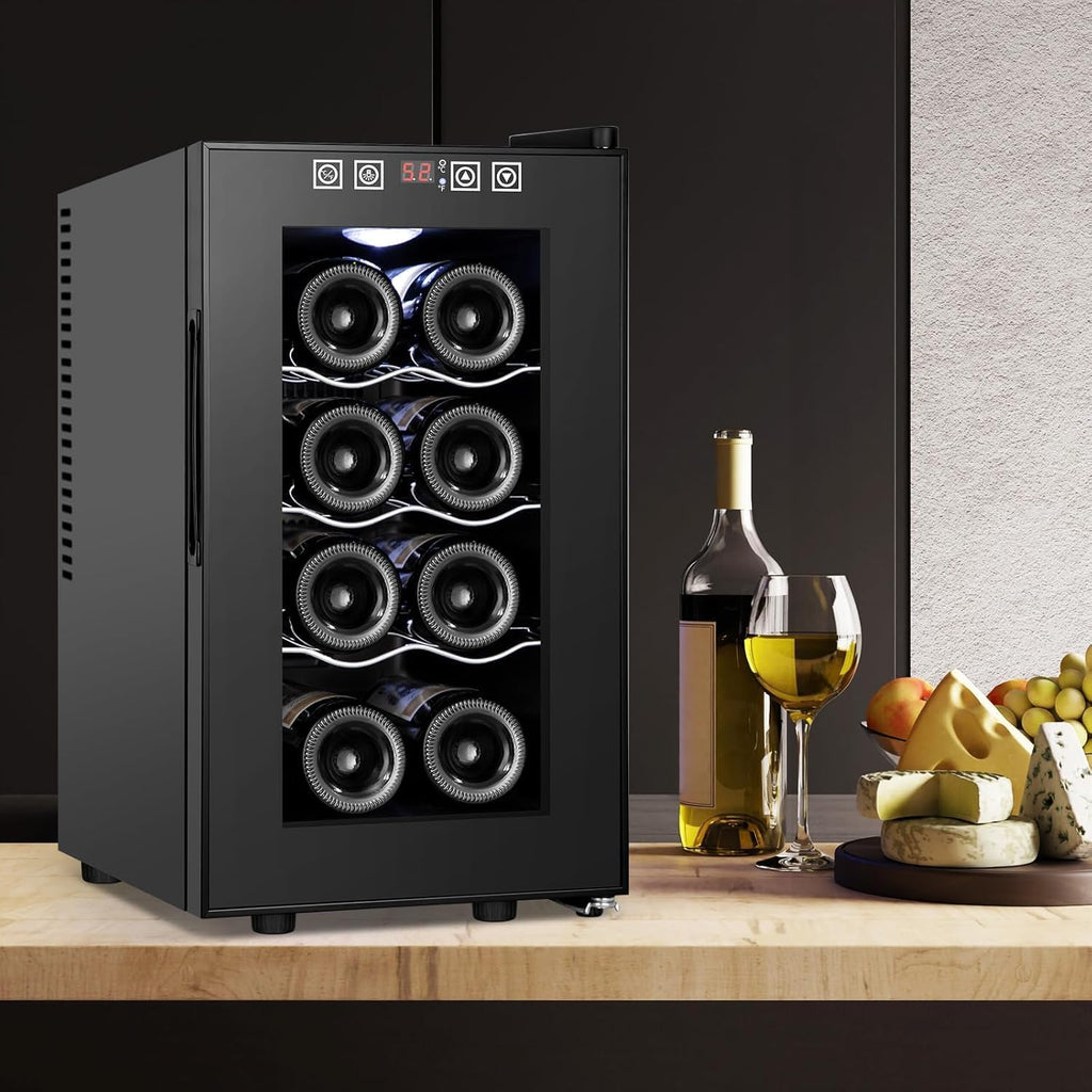 8 Bottles Wine Cooler Refrigerator, Small Wine Fridge, Mini Wine Fridge Countertop with Glass Door Wine Cellars for Red Wine, Champagne, Dry White Wine, Sparkling Wines