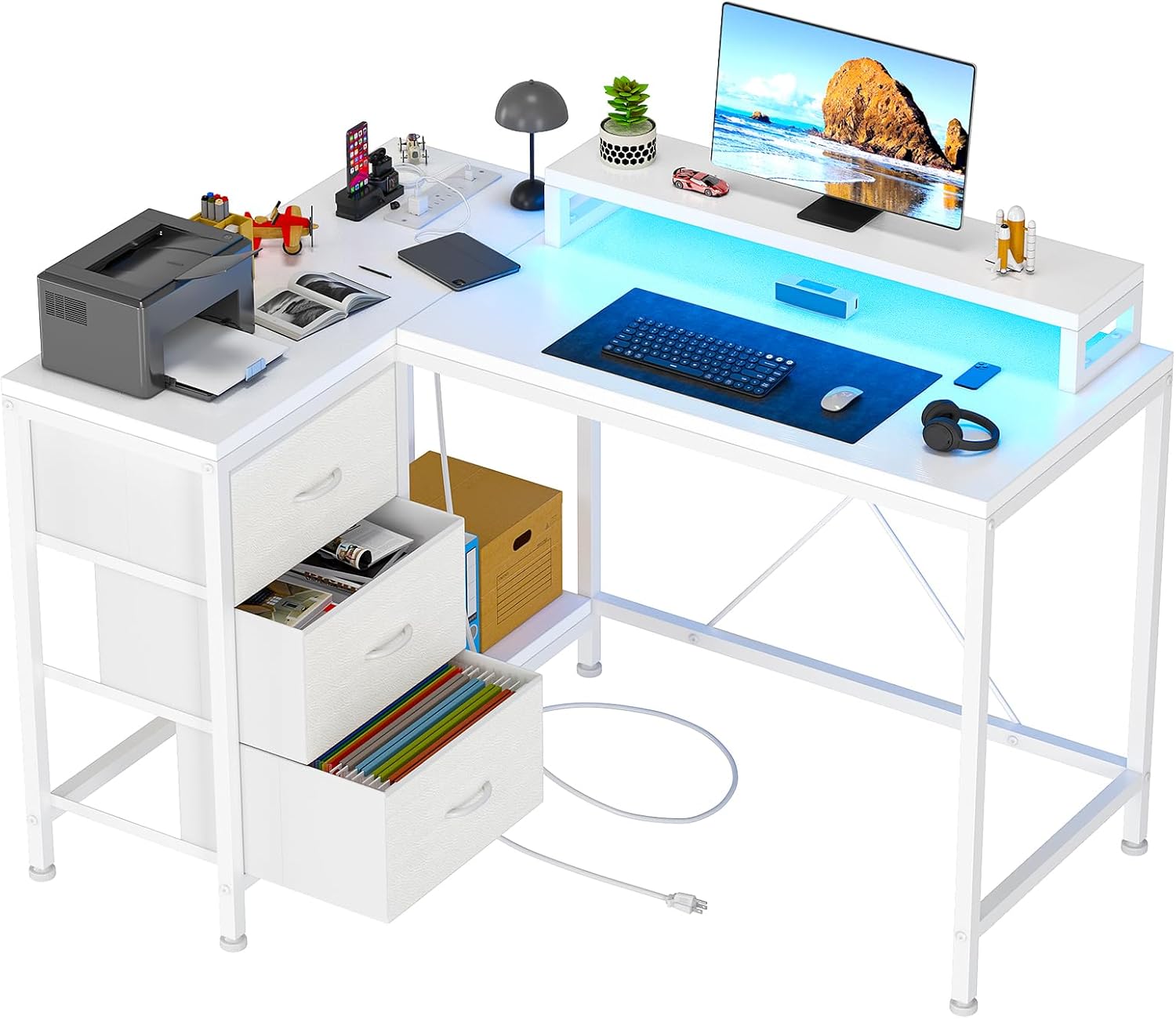 L Shaped Office Desk with Power Outlets, Computer Desk with Drawers, Shelves, for Gaming, Corner Work, Home Office, Study