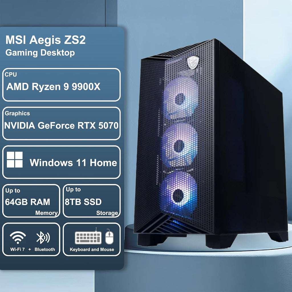 msi Aegis ZS2 Gaming Desktop AMD 12-core Zen 5 Ryzen 9 9900X (>i9-14900HX) 64GB RAM 4TB SSD GeForce RTX 5070 DLSS 4 (Up to 988 AI Tops) 360mm Liquid Cooler 750W 80+ Gold PSU Support HDD Win11