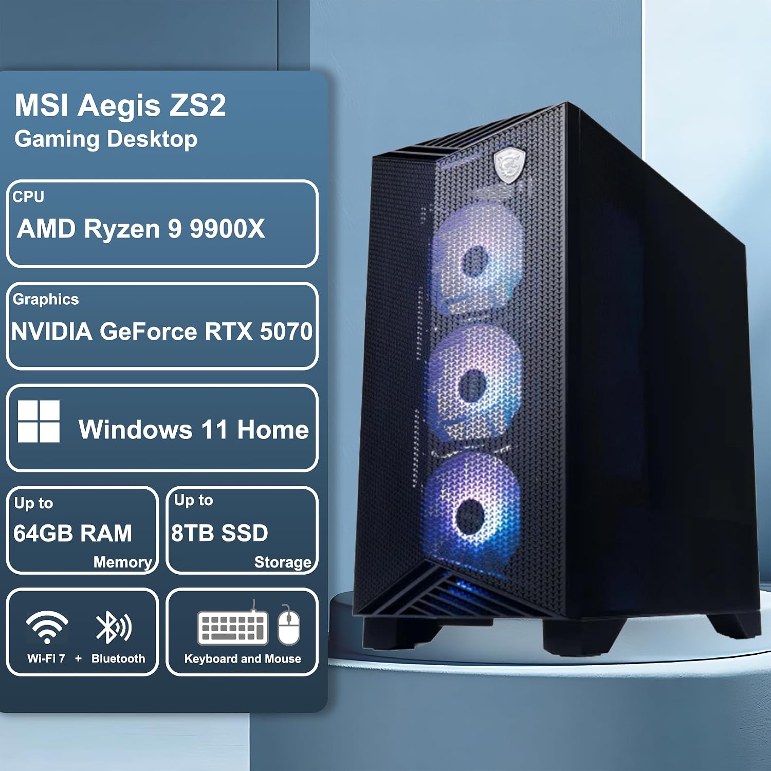 msi Aegis ZS2 Gaming Desktop AMD 12-core Zen 5 Ryzen 9 9900X (>i9-14900HX) 64GB RAM 8TB SSD GeForce RTX 5070 DLSS 4 (Up to 988 AI Tops) 360mm Liquid Cooler 750W 80+ Gold PSU Support HDD Win11