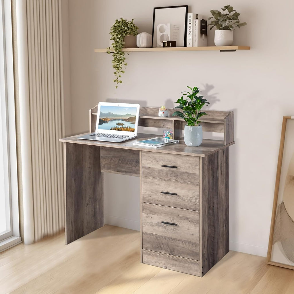 Karl home Grey Computer Desk with Drawers ＆ Hutch, Modern Home Office Desks with Storage for Kids Students Teens, Small Wood Table for Work Study Gaming Writing, PC Laptop Workstation