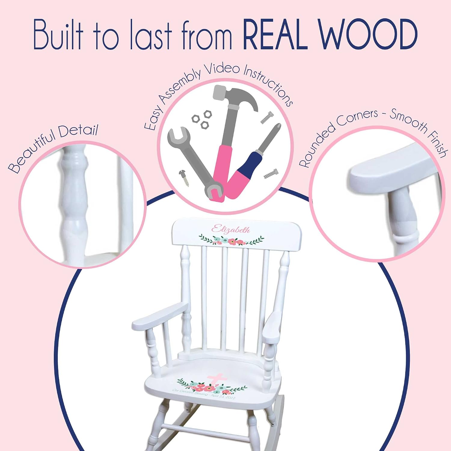 My Bambino Personalized Wooden Rocking Chair for Kids | Girls Rocking Chair White Wood Rocker | Custom Name Toddler Chair | Baby Shower & Birthday Gift