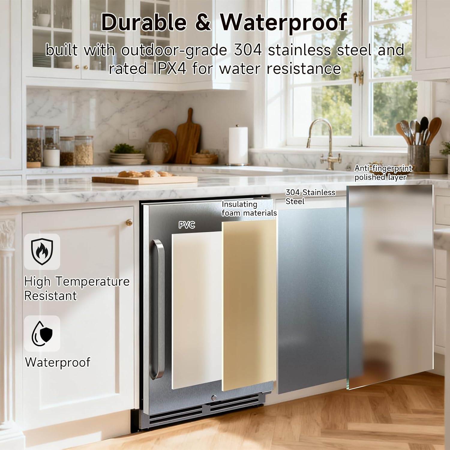 24 Inch Indoor Outdoor Beverage Refrigerator, Stainless Steel Beverage Cooler, Under Counter Built-in or Freestanding Fridge for Patio, Home Bar & Commercial Use, Holds 195 Cans, 34-46℉