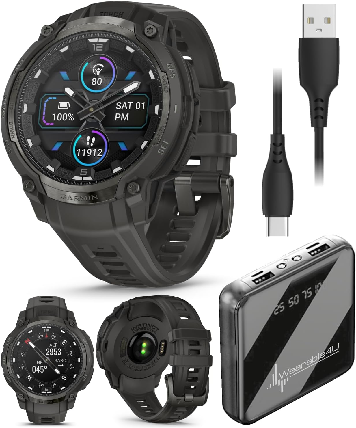 Garmin Instinct Crossover 1.2' AMOLED Sapphire Rugged Hybrid GPS Smartwatch, Analog Hands, Health & Wellness Monitoring, Charcoal PowerBank Bundle