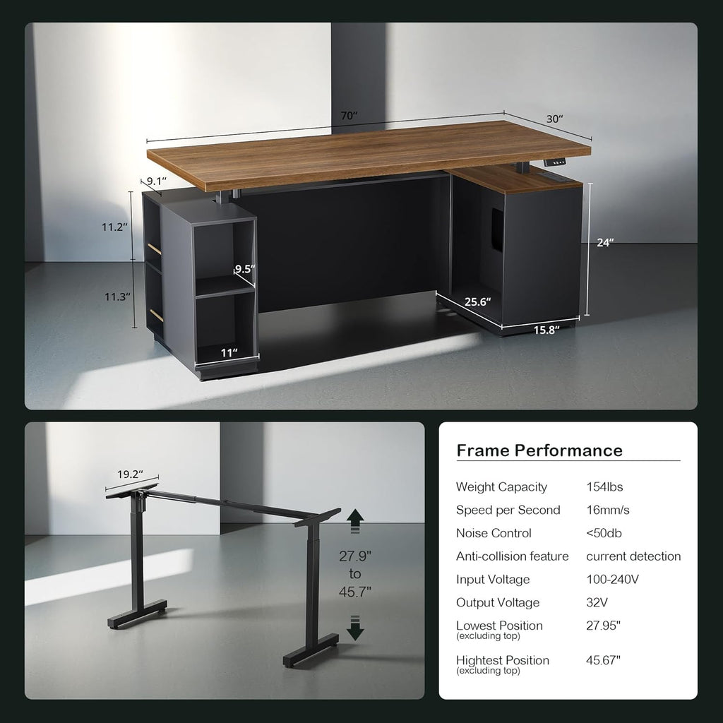 ModernMate 71' Standing Desk with File Cabinet, AC/USB, 1.18' Desktop, L Shaped Height Adjustable Desk, Electric Furniture Set with Multiple Functions for Home and Office, Black Walnut