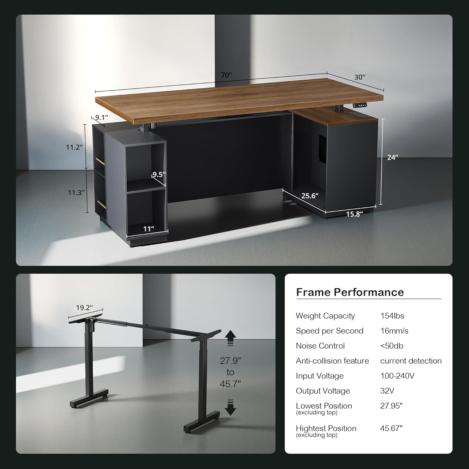ModernMate 71' Standing Desk with File Cabinet, AC/USB, 1.18' Desktop, L Shaped Height Adjustable Desk, Electric Furniture Set with Multiple Functions for Home and Office, Black Walnut