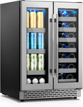 24 inch Wine and Beverage Refrigerator, Upgraded Dual Zone Wine Cooler Refrigerator with Glass Door, 20 Bottles and 88 Cans Beverage Fridge Under Counter or Freestanding for Beer Soda Bar