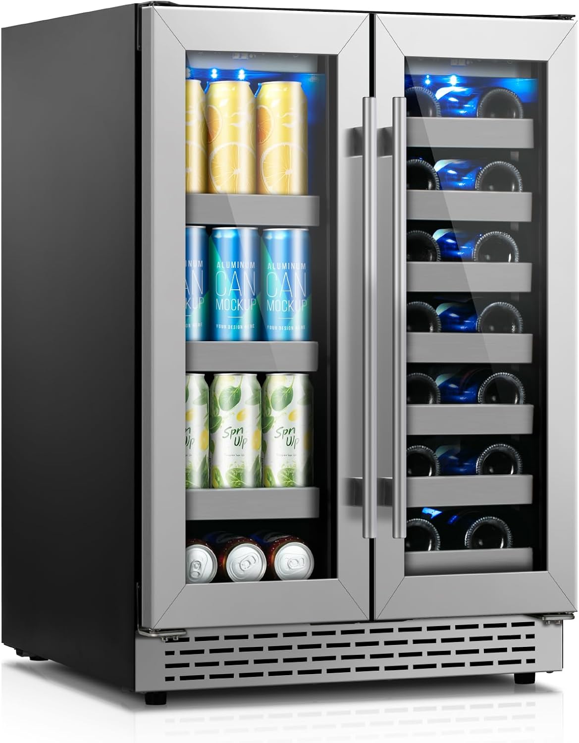 24 inch Wine and Beverage Refrigerator, Upgraded Dual Zone Wine Cooler Refrigerator with Glass Door, 20 Bottles and 88 Cans Beverage Fridge Under Counter or Freestanding for Beer Soda Bar