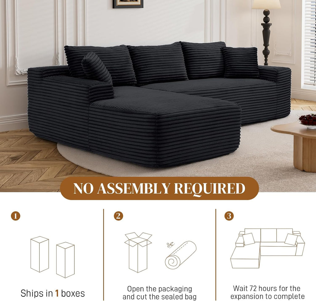 95' L Shaped Boneless Sectional Couches, Wide Armrest, Deep Seat, Memory Foam, Assembly Free, Modern Comfy Corduroy Fluffy Cloud Sofa with Left Chaise for Living Room, Small Spaces, Black