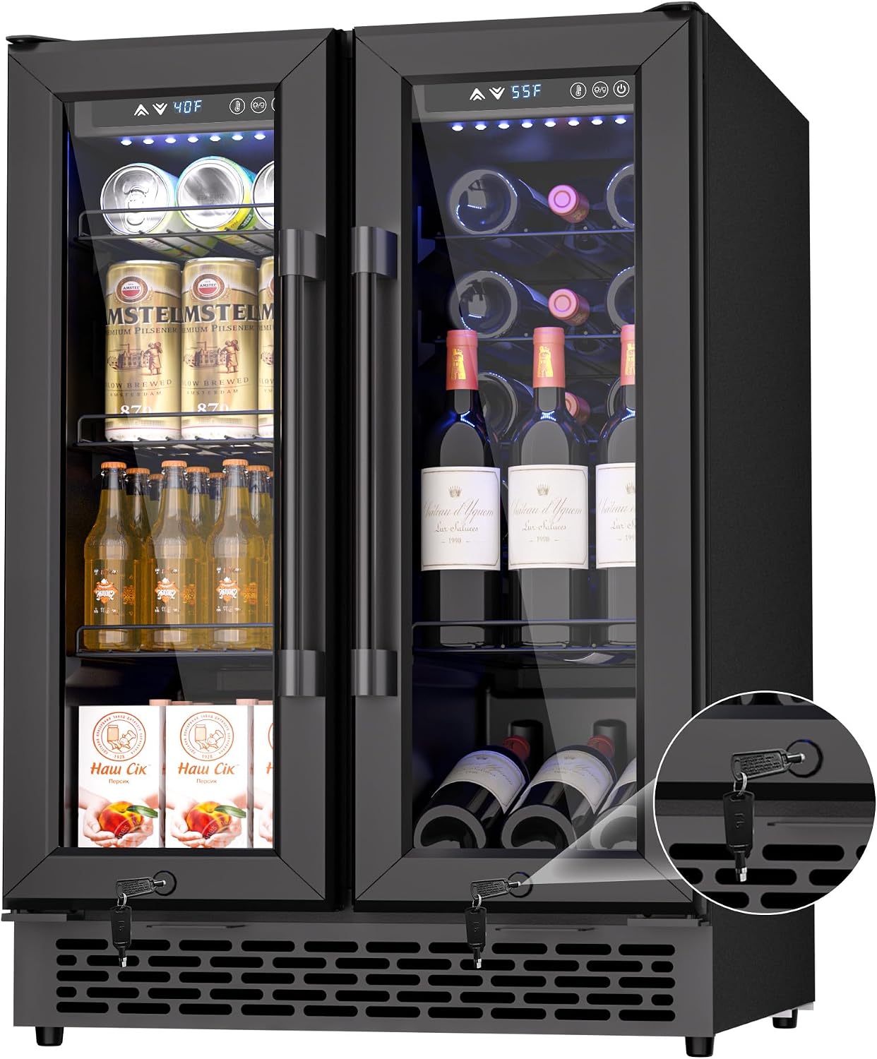French Door Beverage Refrigerator, 24 Inch Dual Zone Built-in Fridge with Glass Door – Holds 160 Cans and 20 Wine Bottles, Beverage Cooler – Ideal for Kitchen, Bar, or Living Room