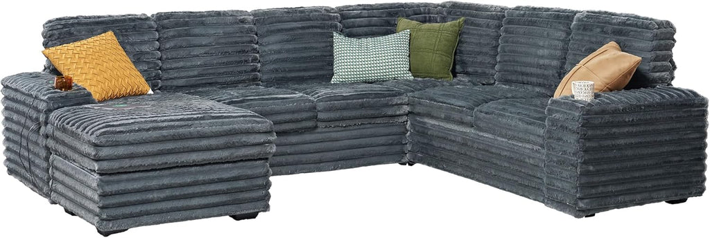 AMERLIFE 112 Inch U Shaped Couch, Oversized Sofa with Storage Chaise & Cup Holders, Sectional Sofa with USB & Type-C Charging Ports, Faux Fur Dark Grey Sofa
