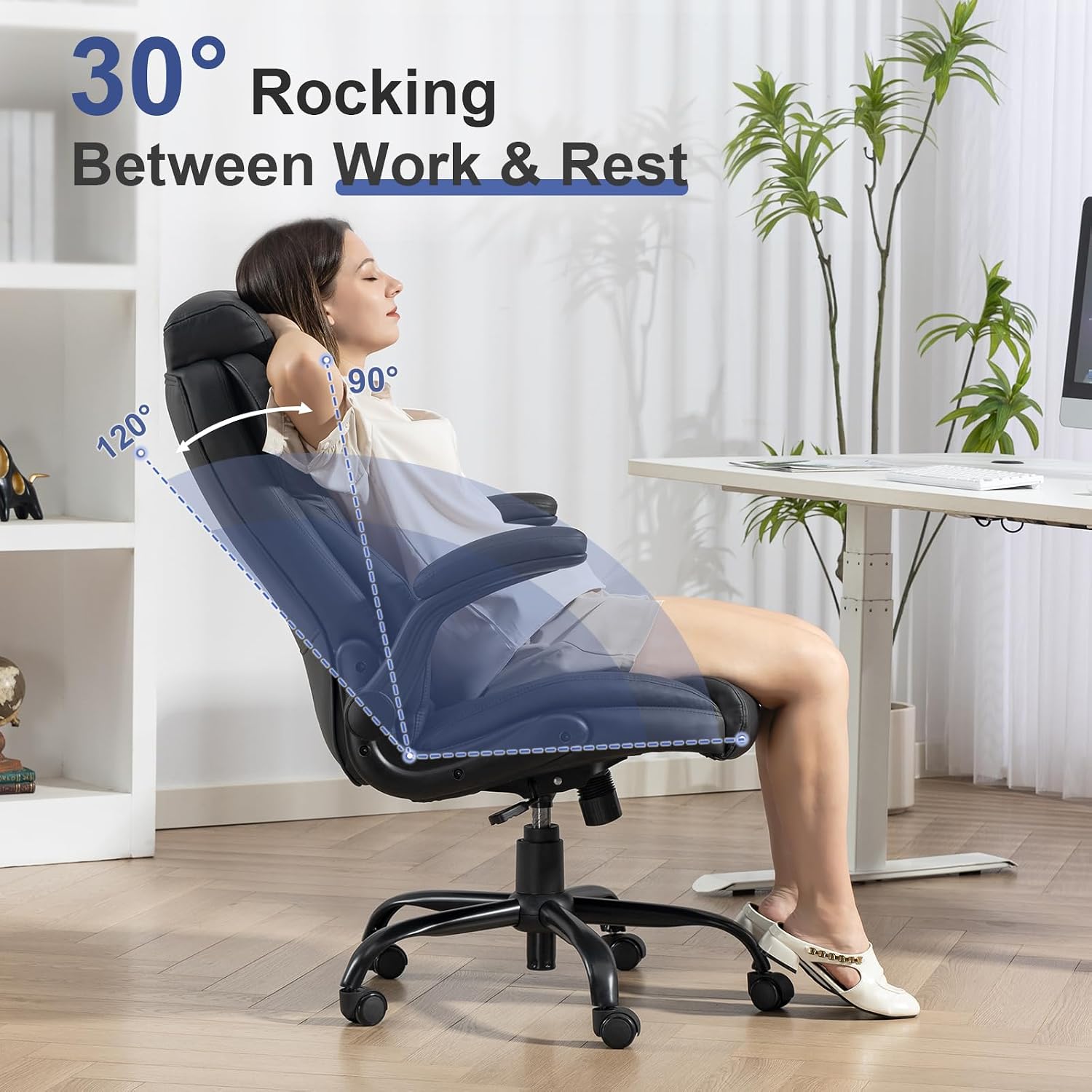 Brage Living 400LBS Big and Tall Office Chair, Heavy Duty Leather Executive Desk Chair with Padded Flip-up Arms, Swivel Rolling Computer Chair for Home Office, Black