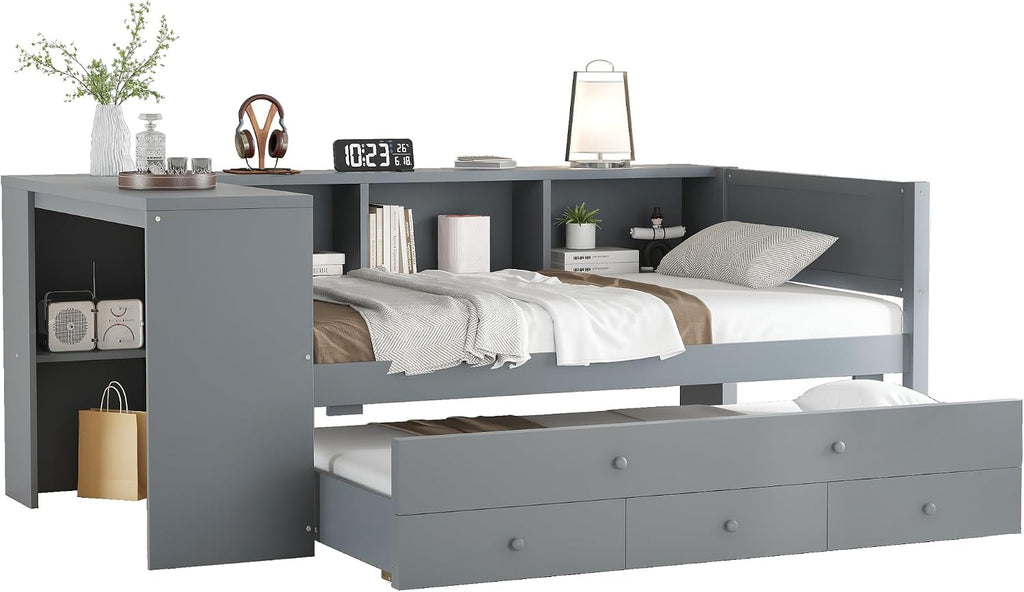 SOFTSEA Twin Size Daybed with Trundle & 3 Storage Drawers, Corner Bed with Desk and Bookcase Headboard, Wooden Daybed with Pull Out Trundle and Storage Shelves for Kids Teens, Grey