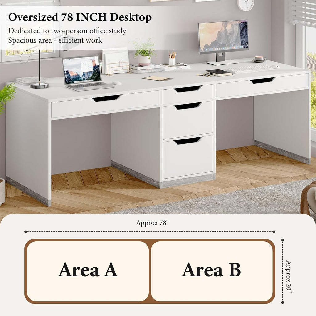 MaverickFurni Two Person Desk with 5 Drawers, Double Desk with Storage for 2 People, 78 Inch Extra Long White Desk Workstation with File Drawer for Home Office, White