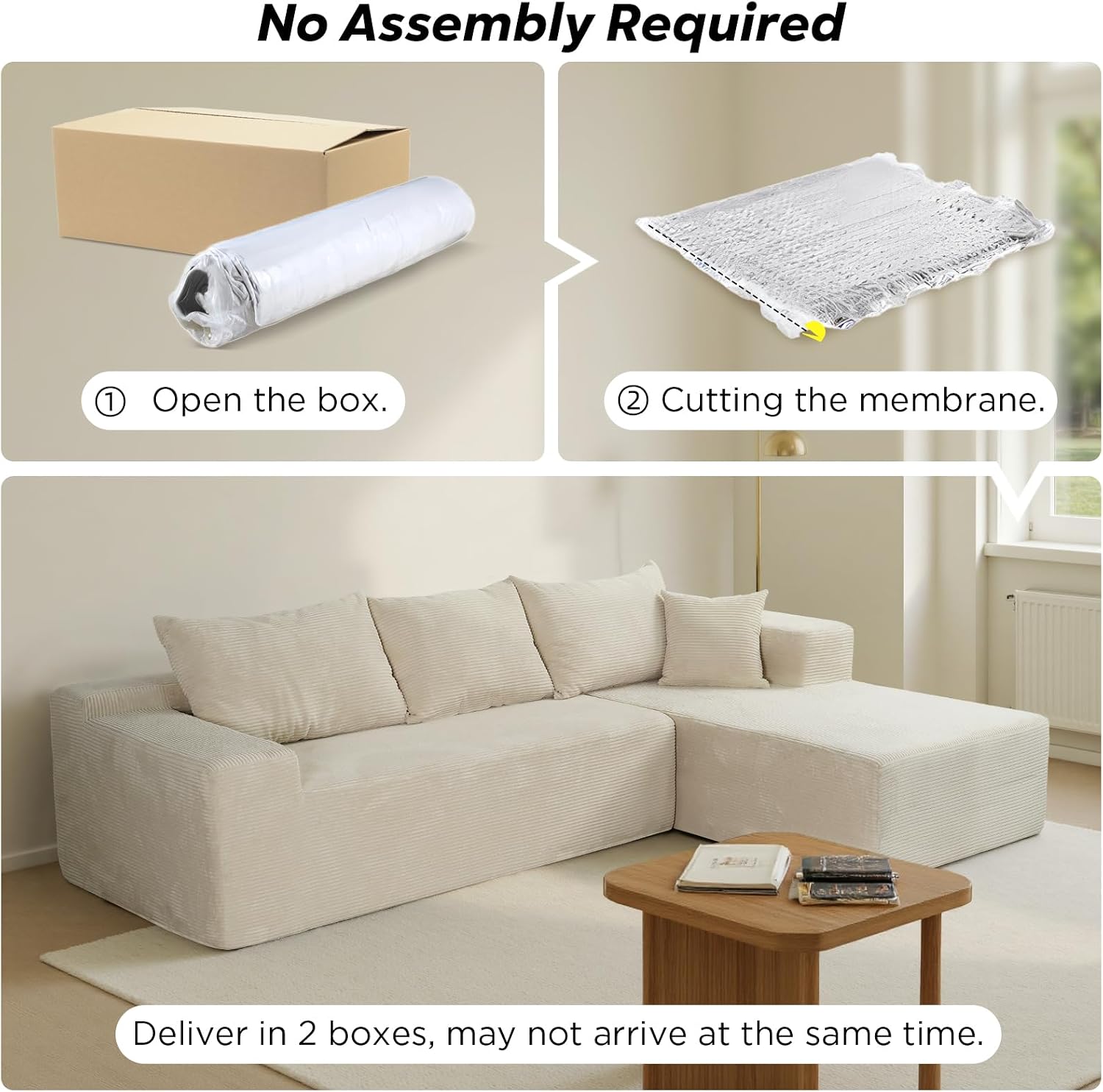 103' Cloud Sectional Couch with L-Shape Chaise,Modern Modular Sofa with Deep Seat, Upholstered Couches for Living Room Bedroom,No Assembly Required, Beige (Right Facing Chaise)