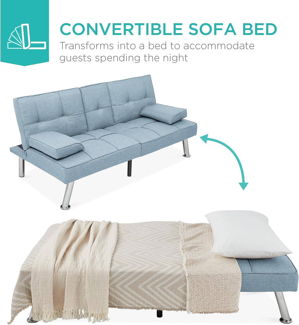 Best Choice Products Linen Modern Folding Futon, Reclining Sofa Bed for Apartment, Dorm w/Removable Armrests, 2 Cupholders - Light Blue