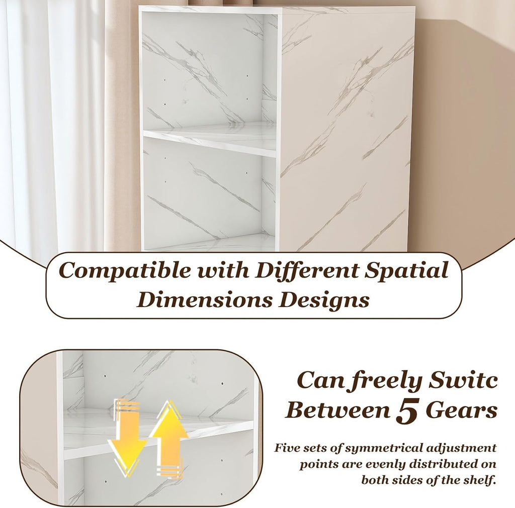 KEIKI Home Office Stretchable Desks with Storage Shelves and Mobile Wheels, Modern Wood Foldable Desk Gaming Computer Corner Table for Apartments Work, Study, Writing, White Marble