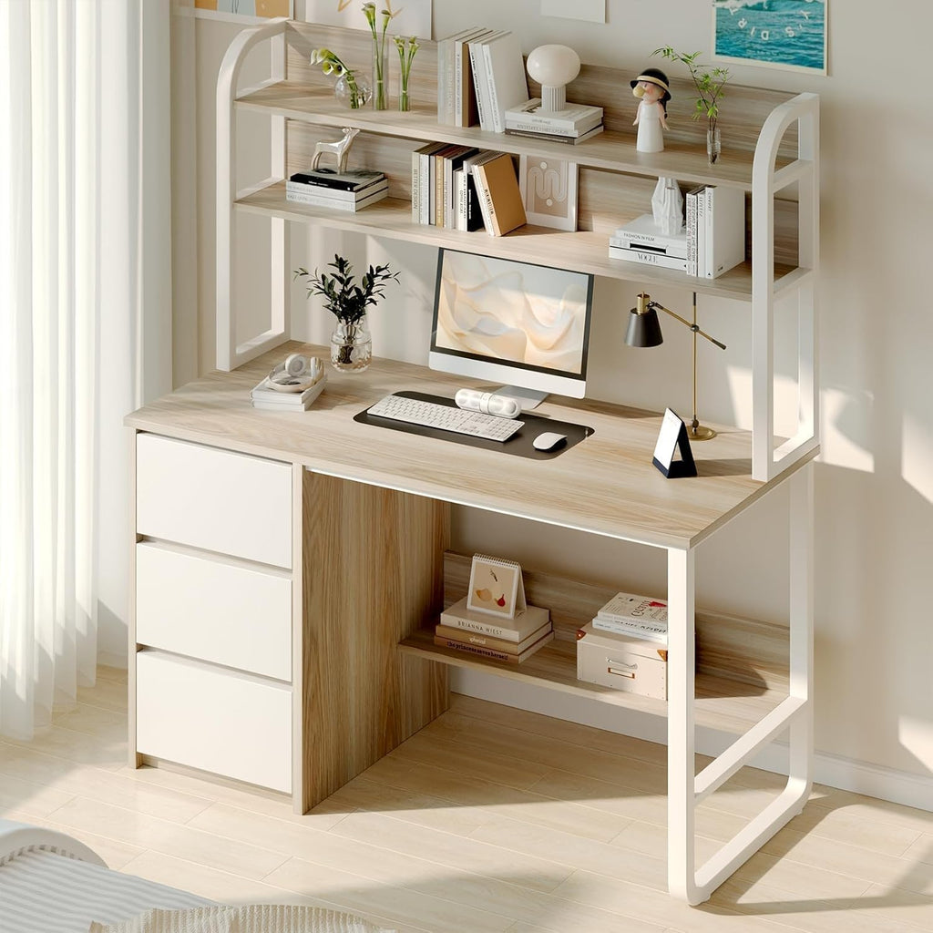 MaverickFurni Computer Desk with Hutch, 47 Inch Small Desk with 3 Drawers for Bedroom, Study Writing Desk with Shelves for Small Spaces, Adjustable Feet, Light Walnut