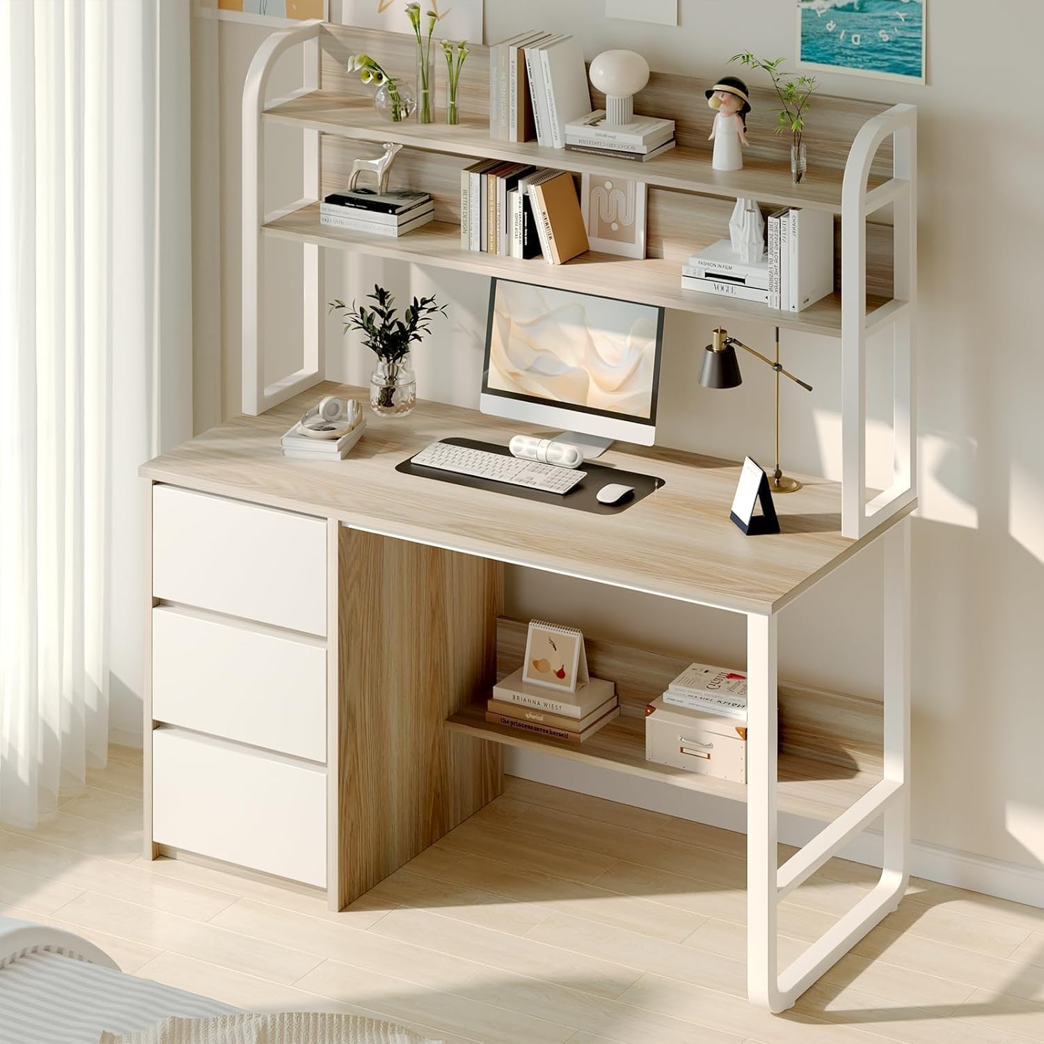 MaverickFurni Computer Desk with Hutch, 47 Inch Small Desk with 3 Drawers for Bedroom, Study Writing Desk with Shelves for Small Spaces, Adjustable Feet, Light Walnut