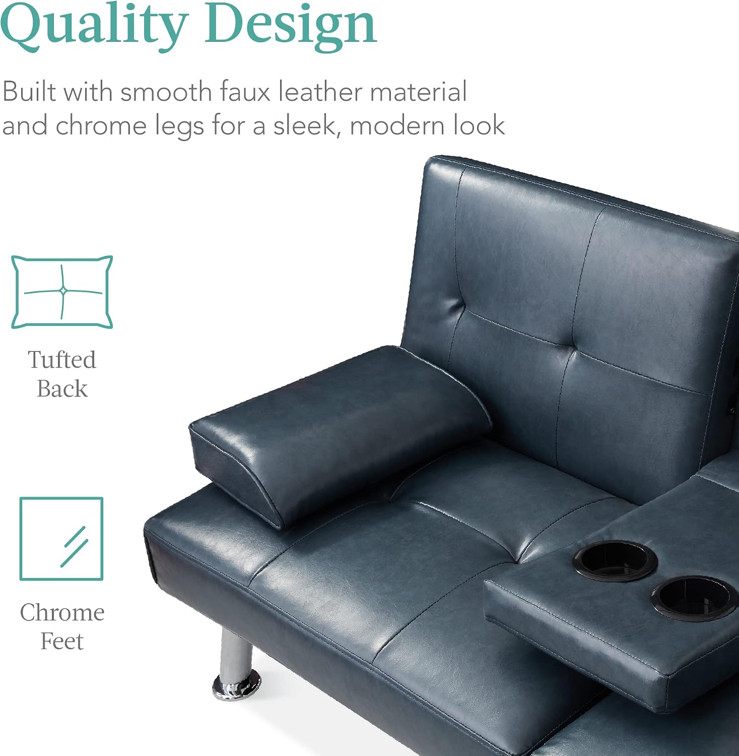 Best Choice Products Faux Leather Upholstered Modern Convertible Futon, Adjustable Folding Sofa Bed, Guest Bed w/Removable Armrests - Blue