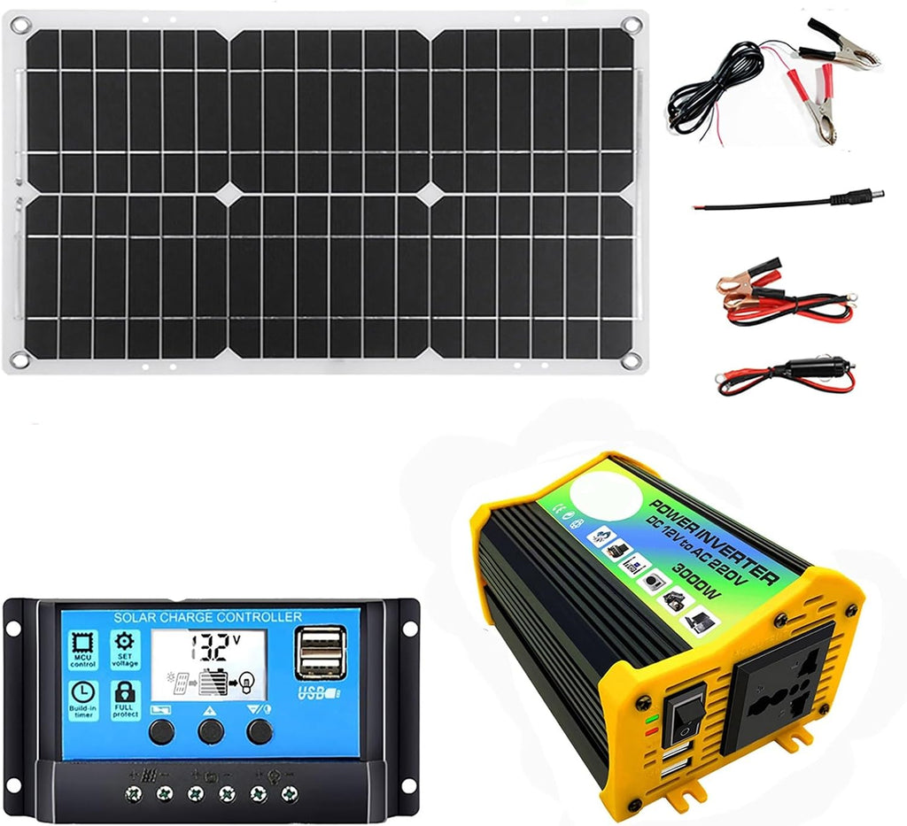 Solar Panel Inverter Kit with Dual USB, 18W Monocrystalline Solar Panel, 3000W Power Inverter DC12V to AC110V/220V, 30A PWM Charge Controller – Portable Solar Power System for Camping and Travel(Black