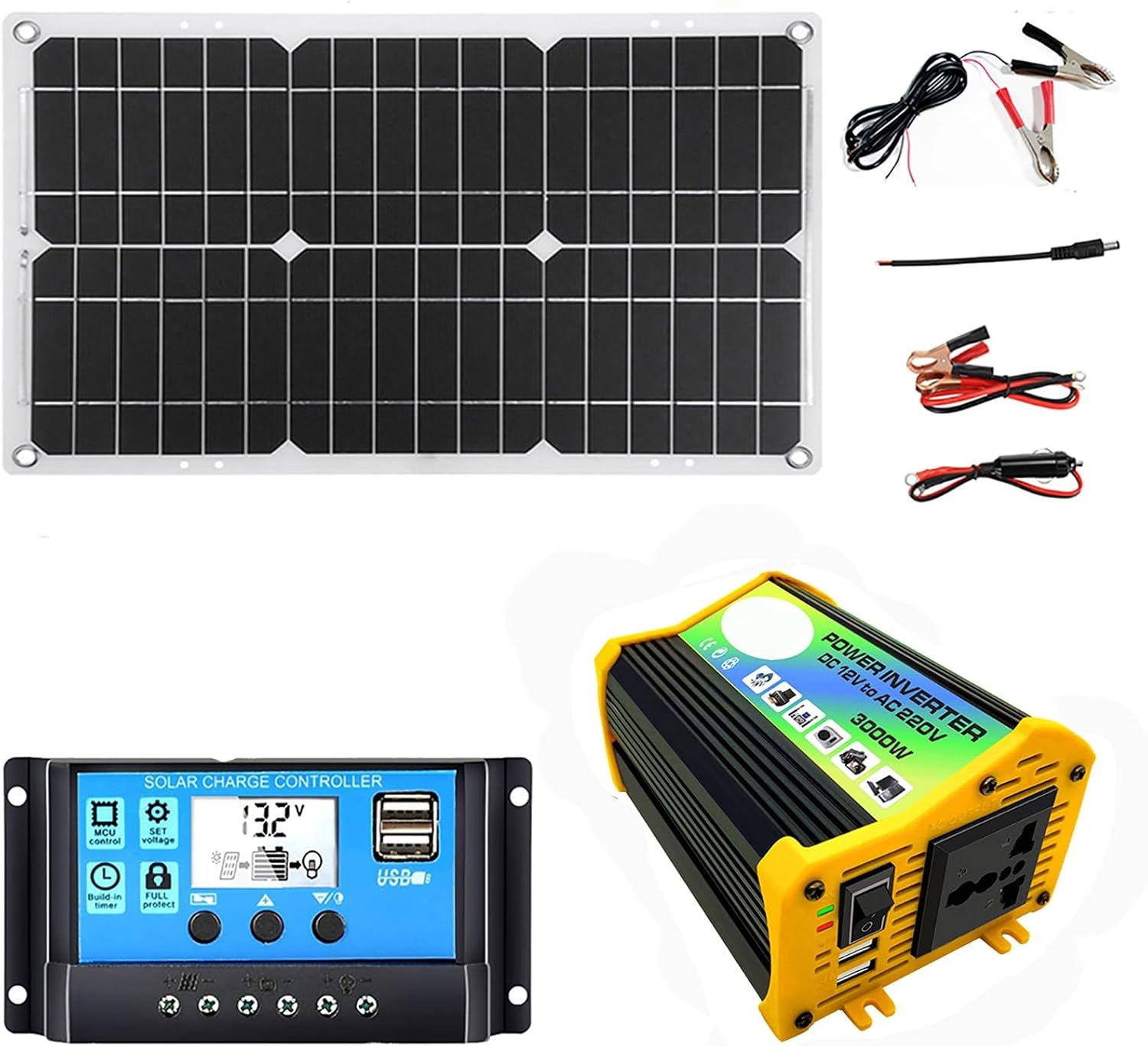 Solar Panel Inverter Kit with Dual USB, 18W Monocrystalline Solar Panel, 3000W Power Inverter DC12V to AC110V/220V, 30A PWM Charge Controller – Portable Solar Power System for Camping and Travel(Black