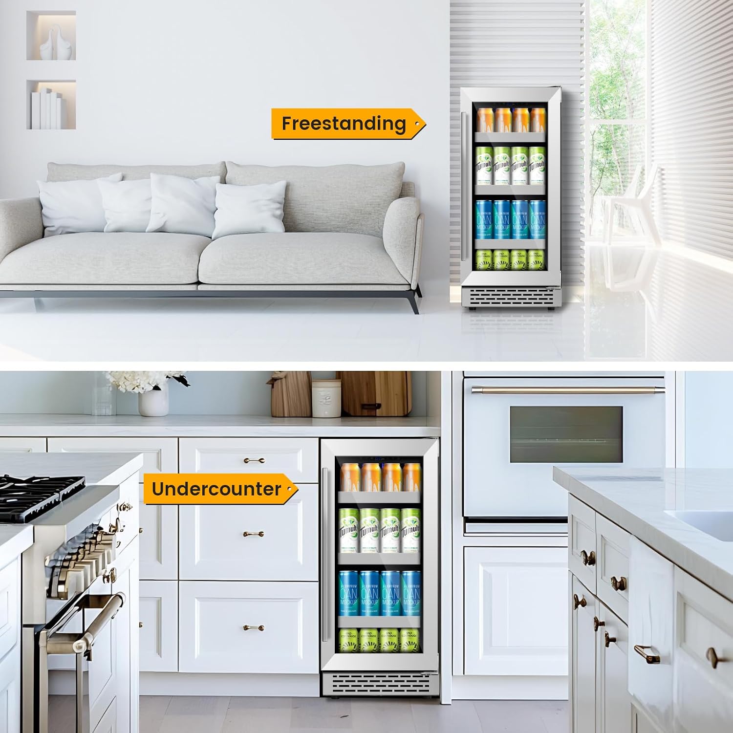 15 Inch Beverage Refrigerator,130 Cans Under Counter Beverage Fridge with Glass Door for Soda Beer Water, Freestanding Reversible Door Beverage Cooler Refrigerator for Home&Kitchen