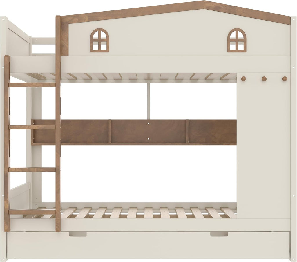 Queen Over Queen Bunk Bed with Trundle, Hooks and Storage Shelves, Solid Wood Bunk Beds for Kids Teens, Bedroom Space-Saving Furniture (Beige+Natural/T)