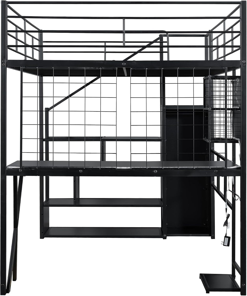 MERITLINE Full Gaming Loft Bed with Desk and Storage Wardrobe& LED RGB,Metal Gaming Bed with Stairs and Storage Case,for Adults Teens (Black)