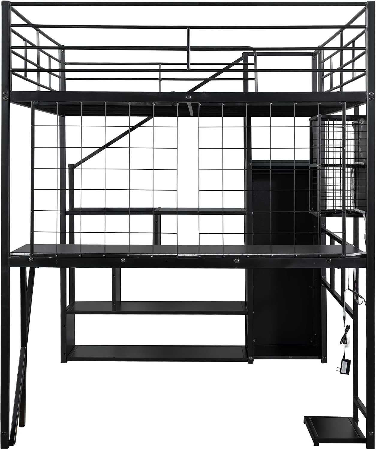 MERITLINE Full Gaming Loft Bed with Desk and Storage Wardrobe& LED RGB,Metal Gaming Bed with Stairs and Storage Case,for Adults Teens (Black)
