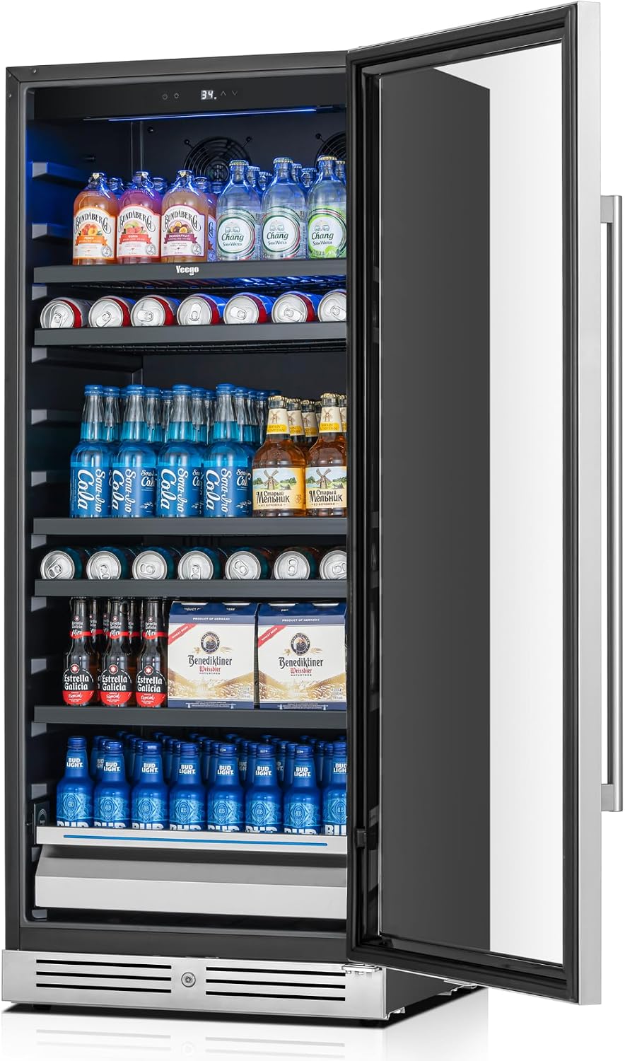 Yeego Beverage Refrigerator & Drink Fridge - 24 inch 238 Cans Beer Cooler with Glass Door, 34-54℉ Built-in or Freestanding Refrigerator with Door Lock, For Drink Soda Wine and Kitchen, Bar or Office