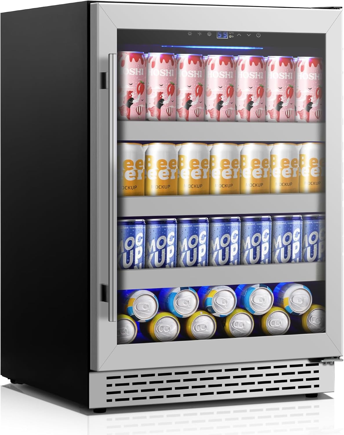 24 Inch Beverage Refrigerator,190 Cans Freestanding/Under Counter Beverage Fridge with Glass Door,Air Cooling Wine Beverage Cooler with Reversible Door,Memory Function for Wine,Beer and Soda