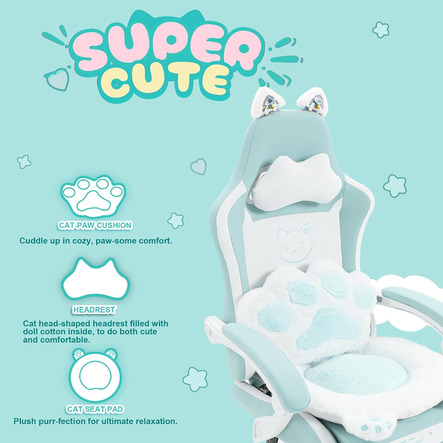 Dowinx Gaming Chair Cute with Cat Ears and Paw Lumbar, Ergonomic Computer Chair for Girl with Footrest and Headrest, Comfortable Reclining Game Chair 291lbs for Adult, Teen, Blue Green
