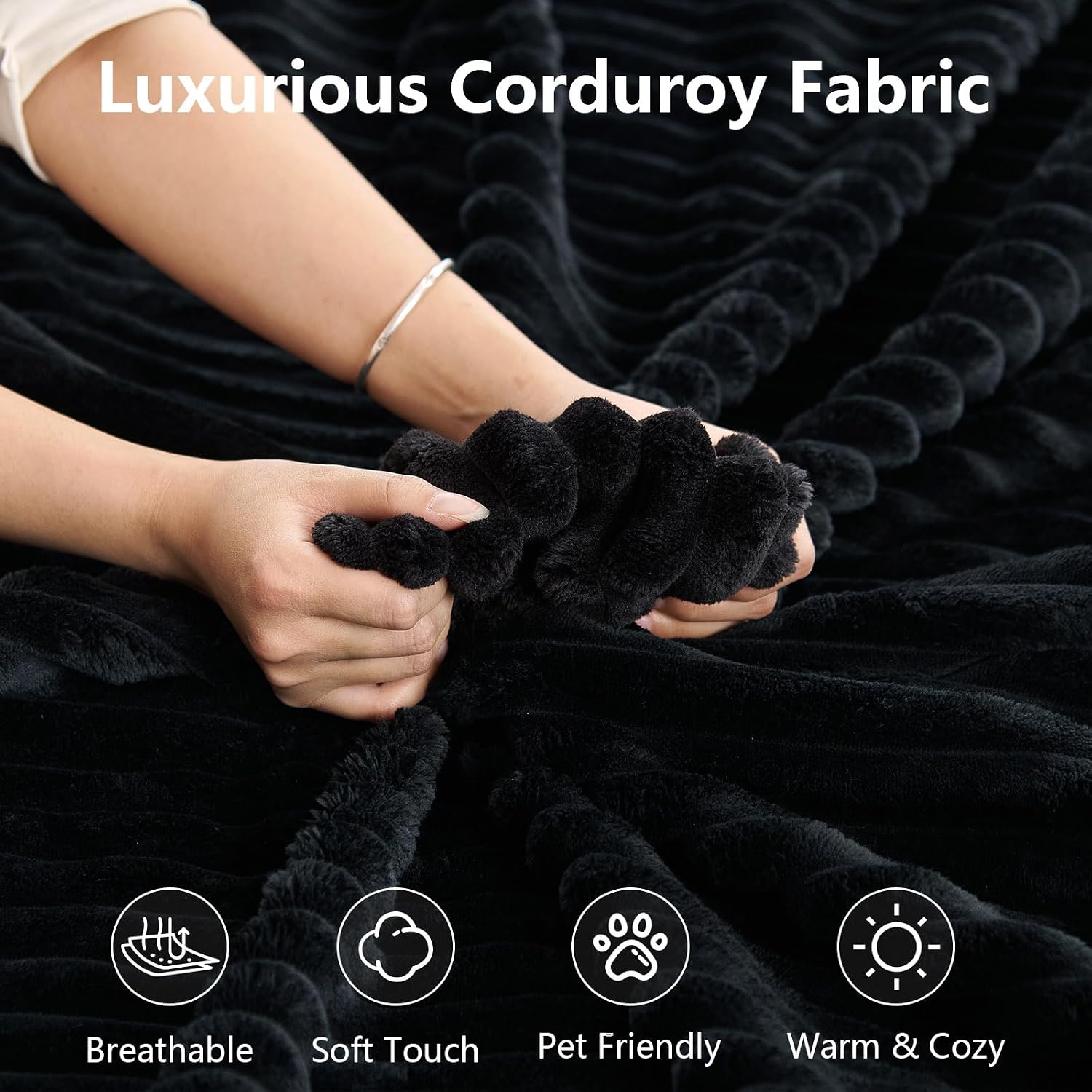 140' L Shaped Cloud Sectional Couch for Living Room, Modular Floor Deep-Seat Sofa, Big Comfy Corduroy Couches Set with Fluffy Memory Foam for Living Room Bedroom, No Assembly Required, Black